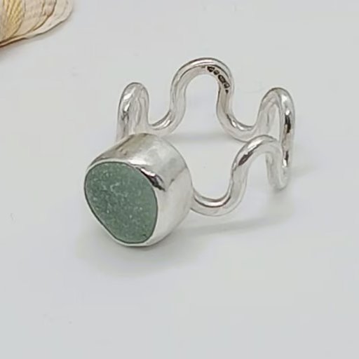 Sea glass ring sterling silver wave design band