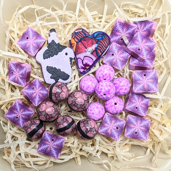 Purple Polymer Clay Bead and Pendant Collection Folksy