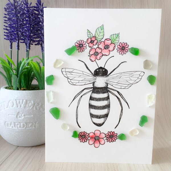 Cornish sea glass ‘Bee’ hand drawn card
