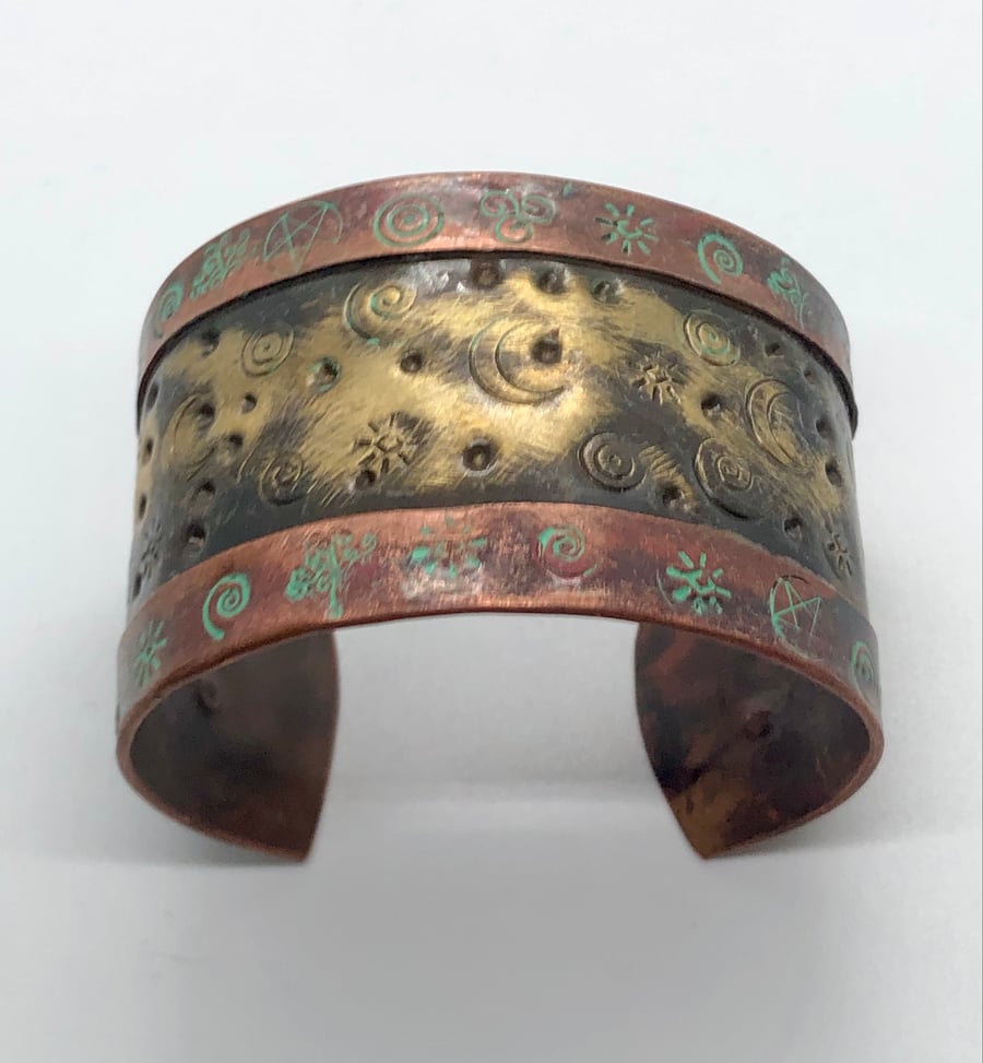 Celestial storm, copper and brass cuff