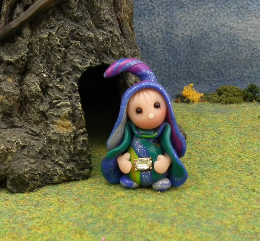 Tiny Magical Gnome 'Uno' with jewelled belt OOAK Sculpt by Ann Galvin