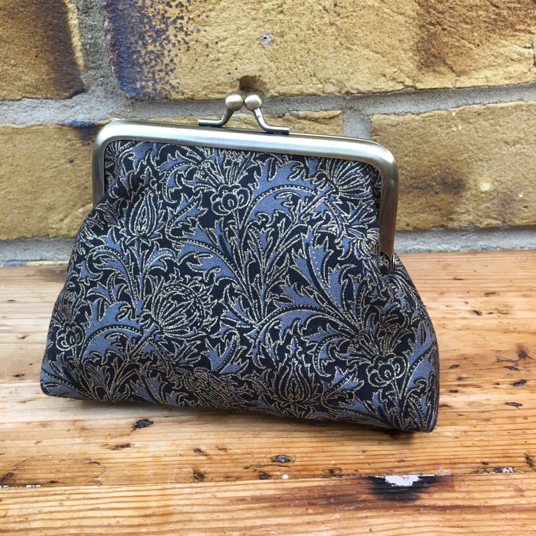 Coin Purse, Black & gold fabric kiss clasp purse, Handbag tidy, Frame purse