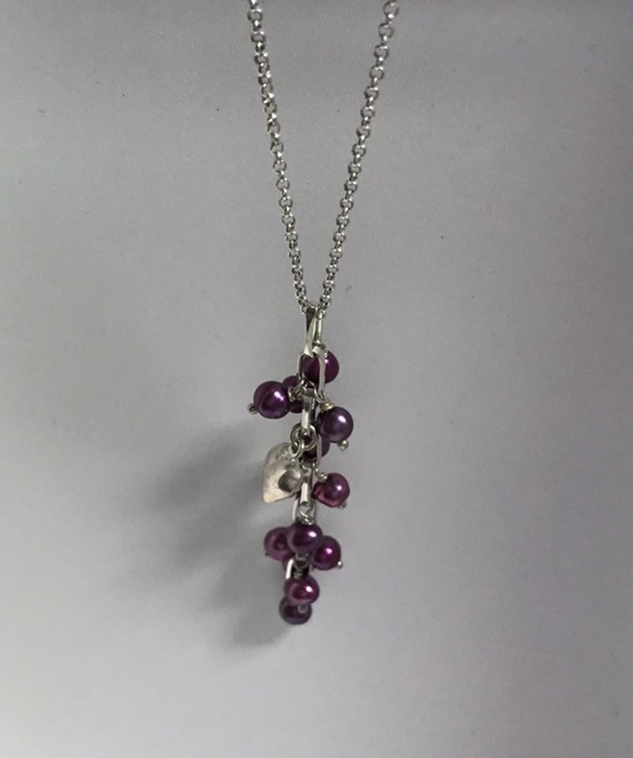 Purple pearl and sterling heart cluster necklace
