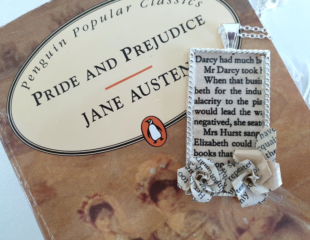 Pride and Prejudice Necklace: Recycled Book Art Origami Rose Pendant, romantic 