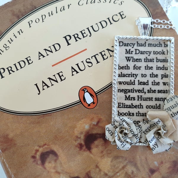 Pride and Prejudice Necklace: Recycled Book Art Origami Rose Pendant, romantic 