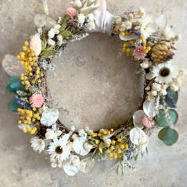 Dried Flower Easter Spring Wreath. Artichoke, Mimosa, Eucalyptus, Gypsophila.