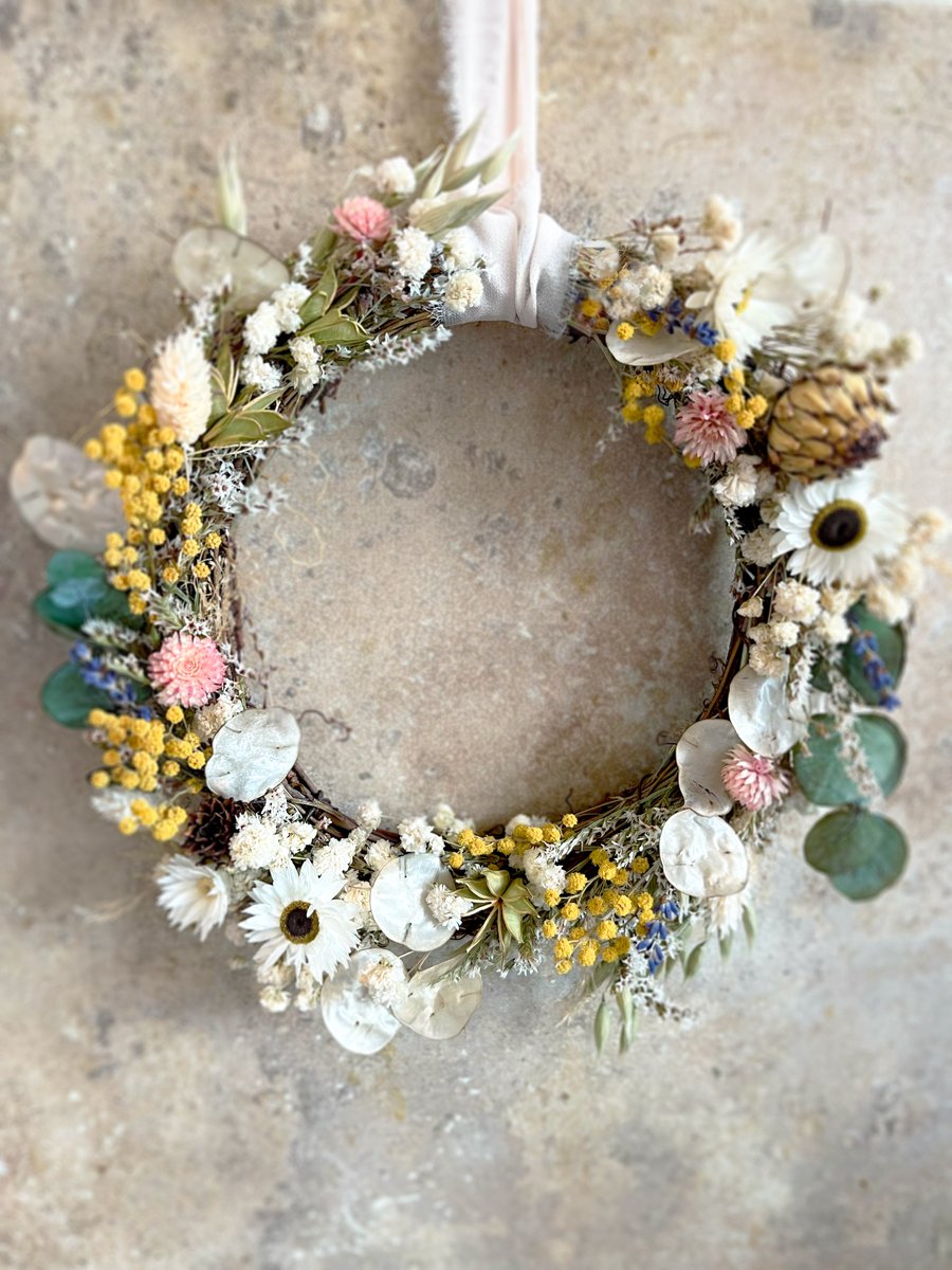 Dried Flower Easter Spring Wreath. Artichoke, Mimosa, Eucalyptus, Gypsophila.