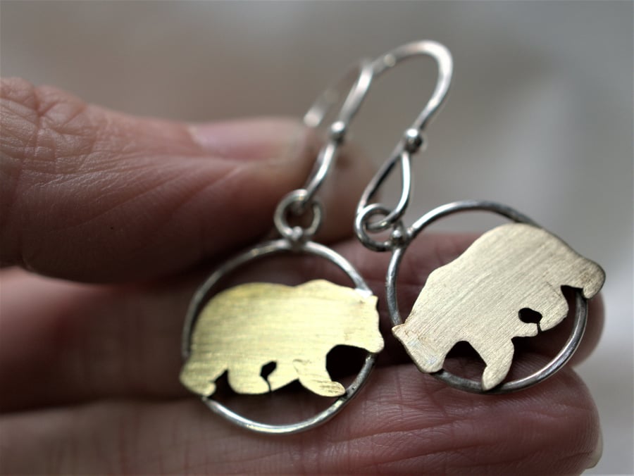 Silver hoop earrings with brass bear