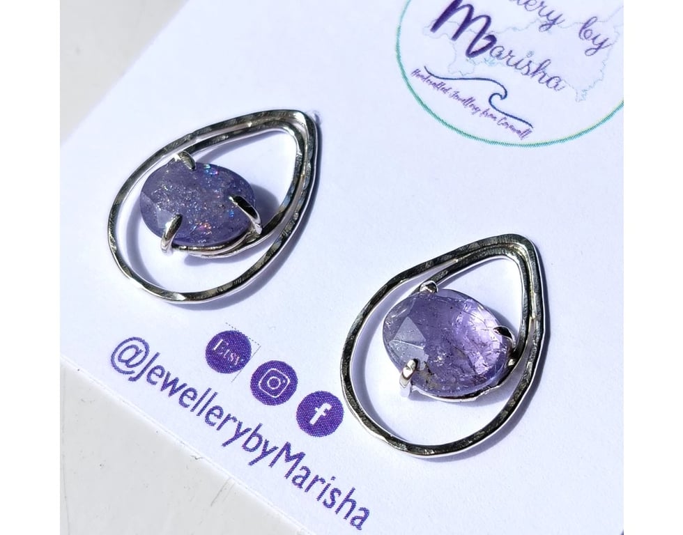  Tanzanite Earrings Recycled Silver Jewellery Gift Teardrop Rose Cut Gemstone