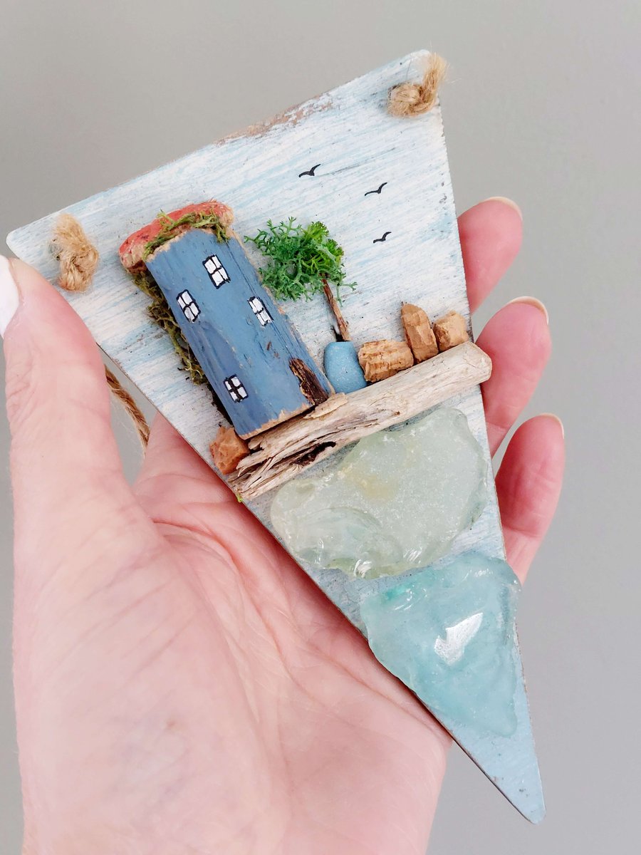 Driftwood Miniature Cottage with Sea Glass - Coastal Hanging Decoration