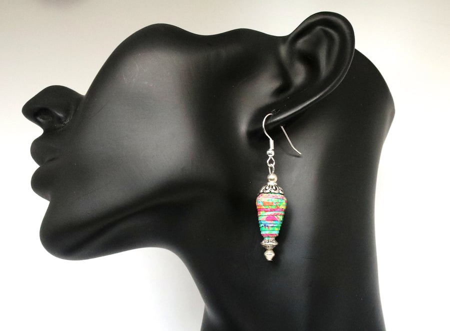 Pretty vibrant cone paper beaded earrings with tibetan bead cap