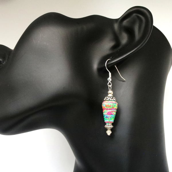 Pretty vibrant cone paper beaded earrings with tibetan bead cap