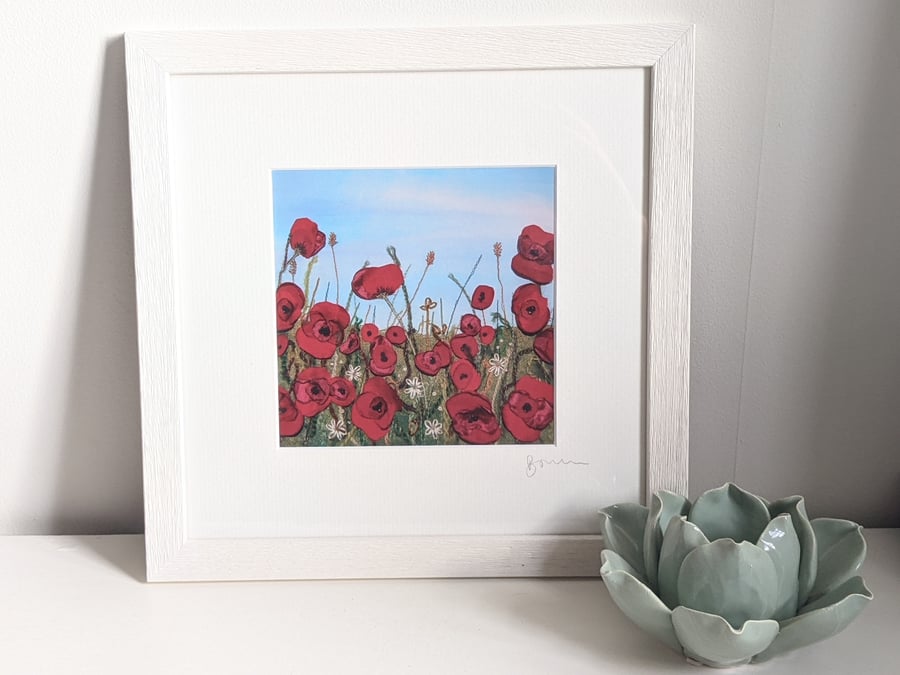 Poppies, framed print, embroidered textile art