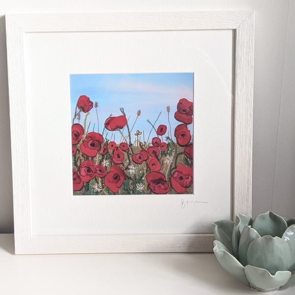 Poppies, framed print, embroidered textile art