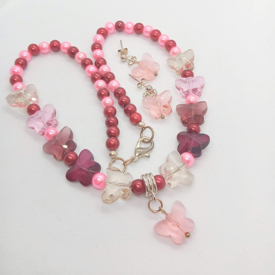 Burgundy and Pink Pearl and Butterfly Jewellery Set, Christmas Gift for Her