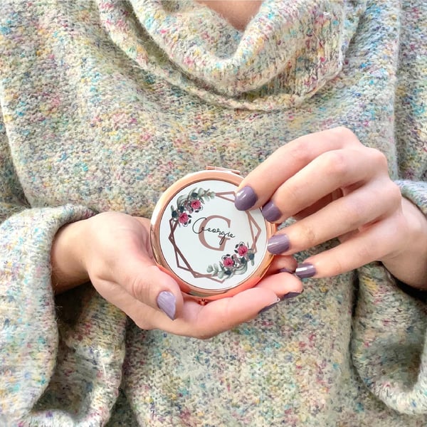 Custom Geometric Flower Mirror, Personalised Compact Mirror, Floral Gift, Rose G