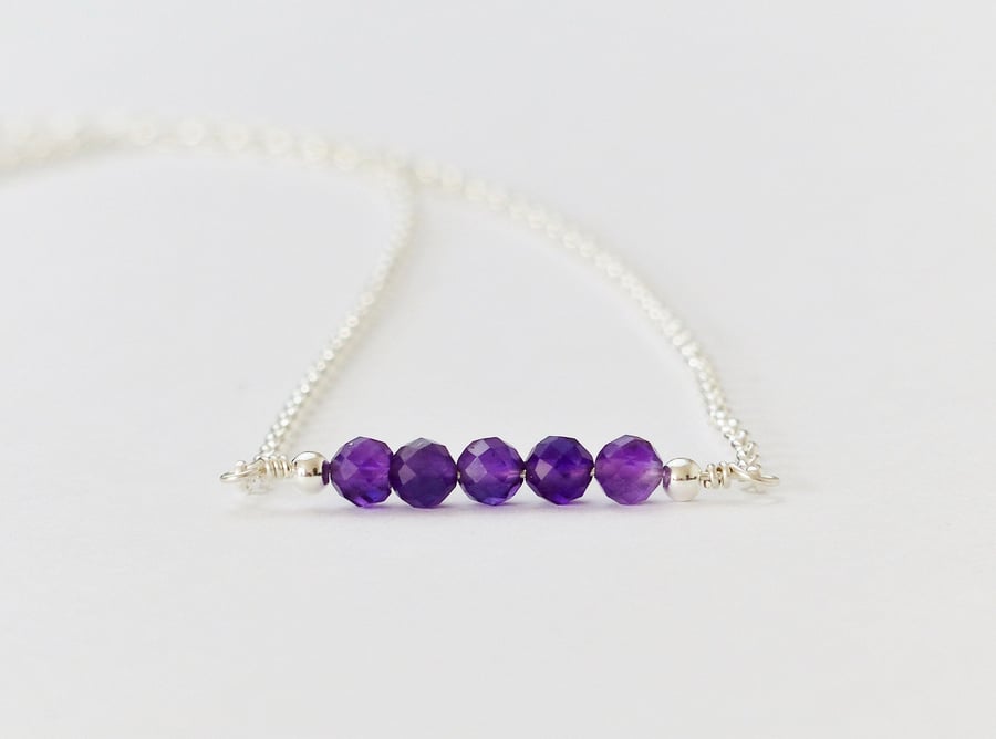 Amethyst bar sterling silver necklace, February birthstone jewellery gift