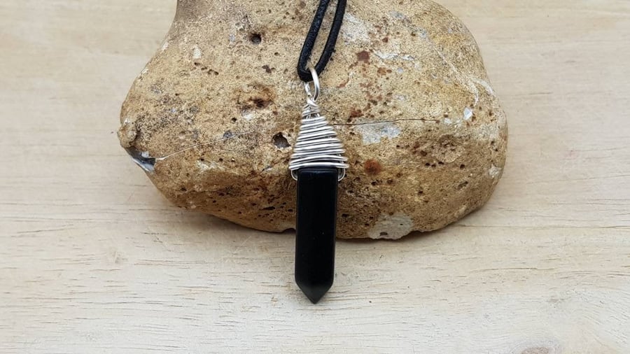 Wire wrapped Black Obsidian pendant. Reiki jewelry