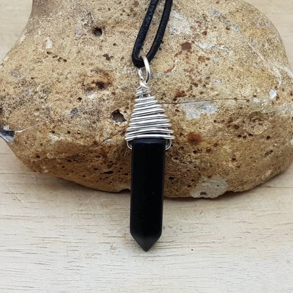 Wire wrapped Black Obsidian pendant. Reiki jewelry