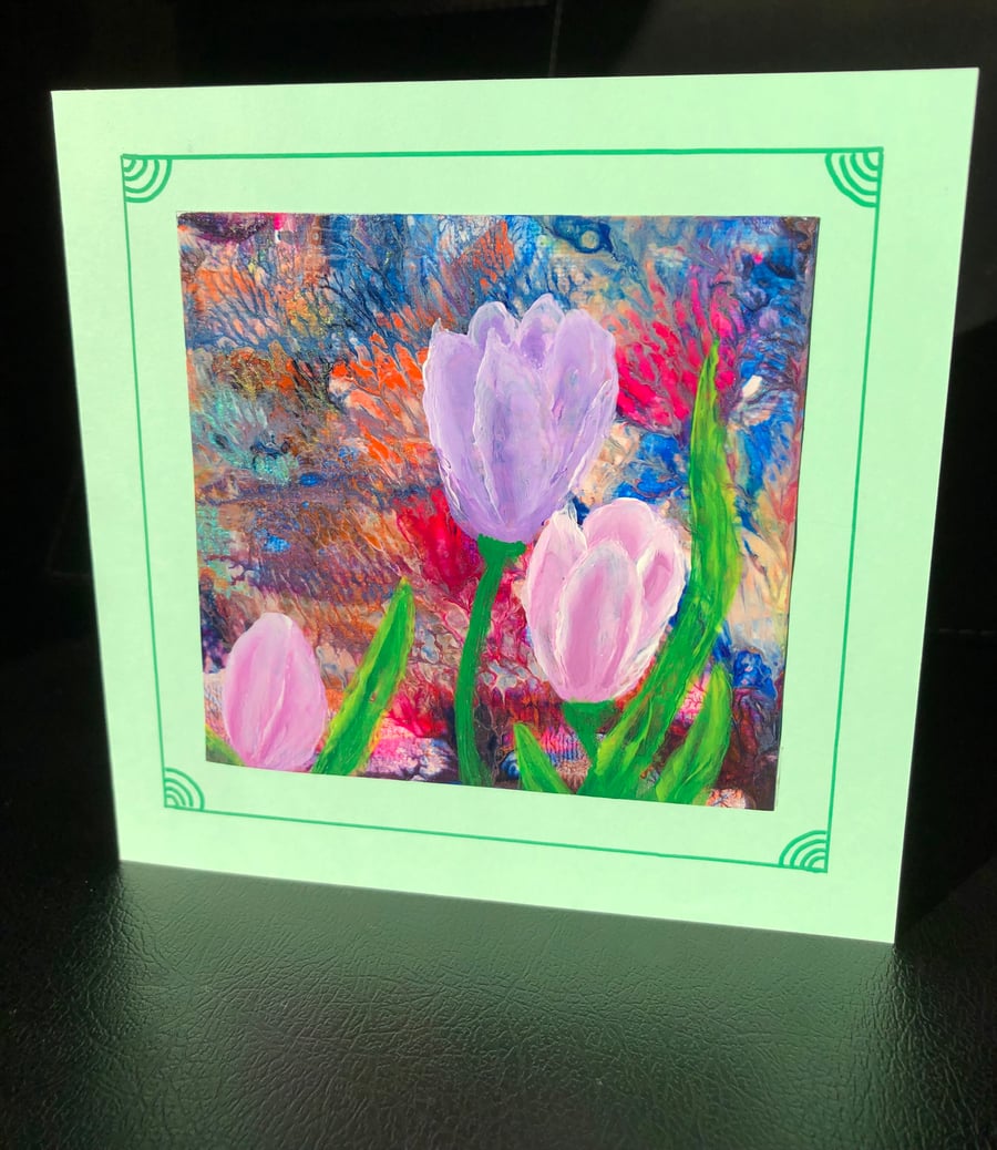 Hand painted card , tulips