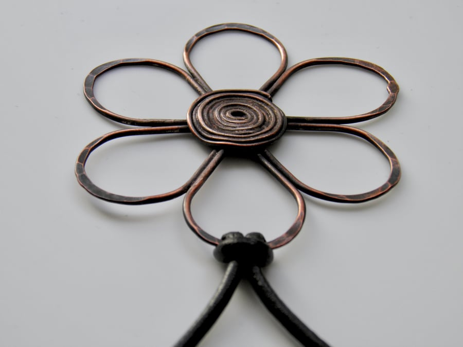 Large Copper Flower Necklace on Leather, Handcrafted Flower Pendant