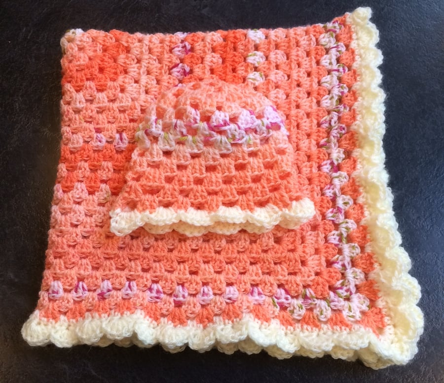 Hand Crochet Autumn Baby Blanket and Matching Hat Ombre Orange Ivory Cream