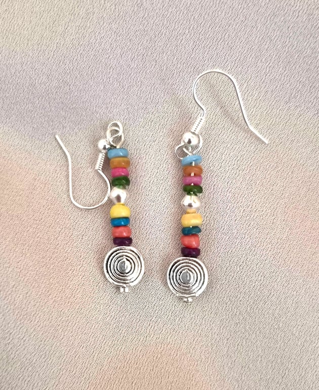 Bright Multi Colour Rainbow Chip Earrings with Silver Accent 