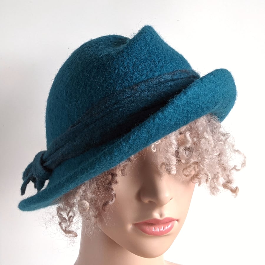 Bright teal asymmetrical felted wool hat