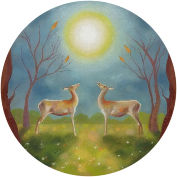 Deer art greeting card - circular art card, round art card 