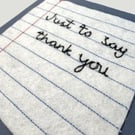 Thank You Lined Paper - Felt and Freeehand Embroidery Square Card
