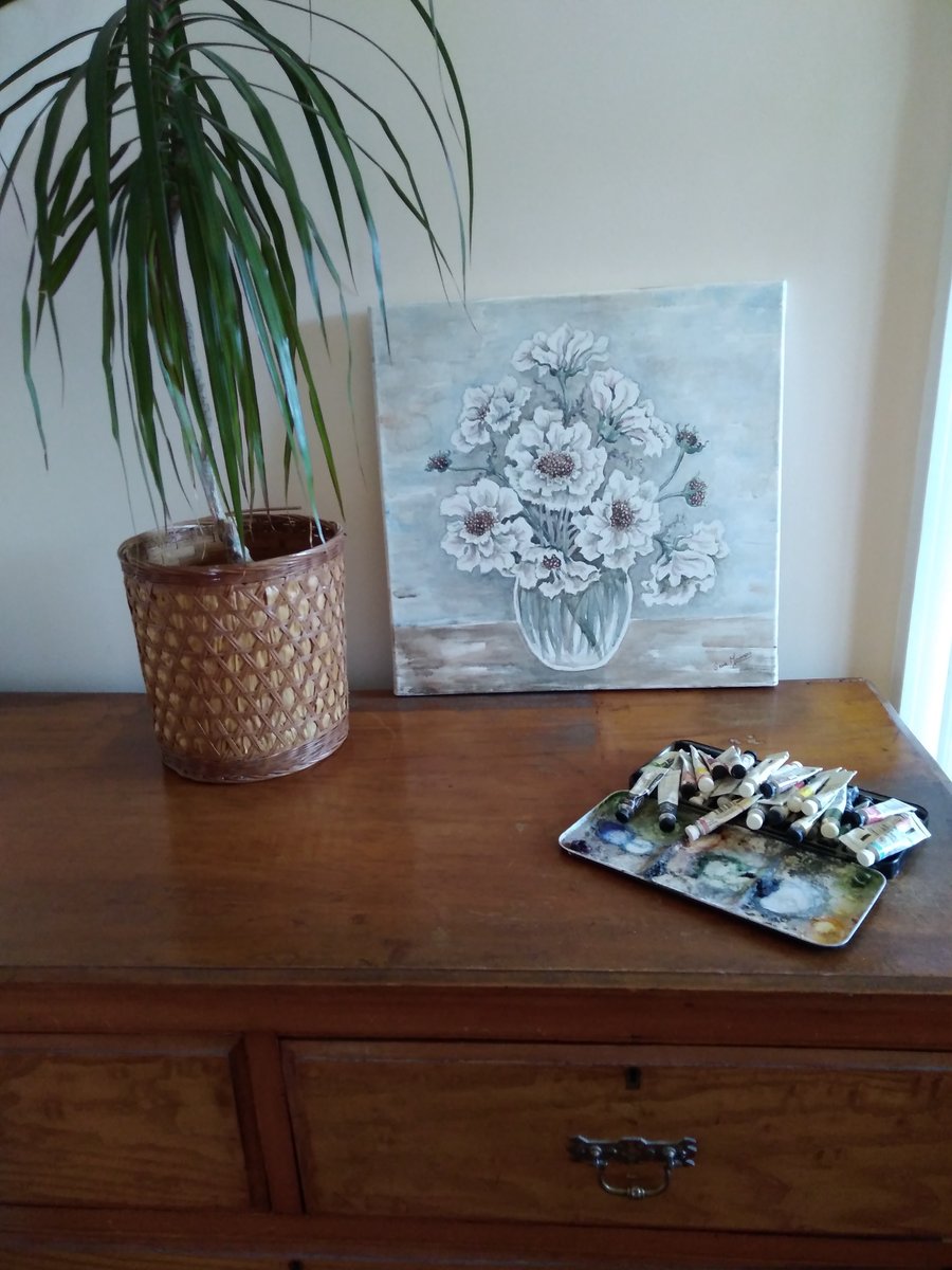 White and pink Scabious in glass vase original waterclour painting