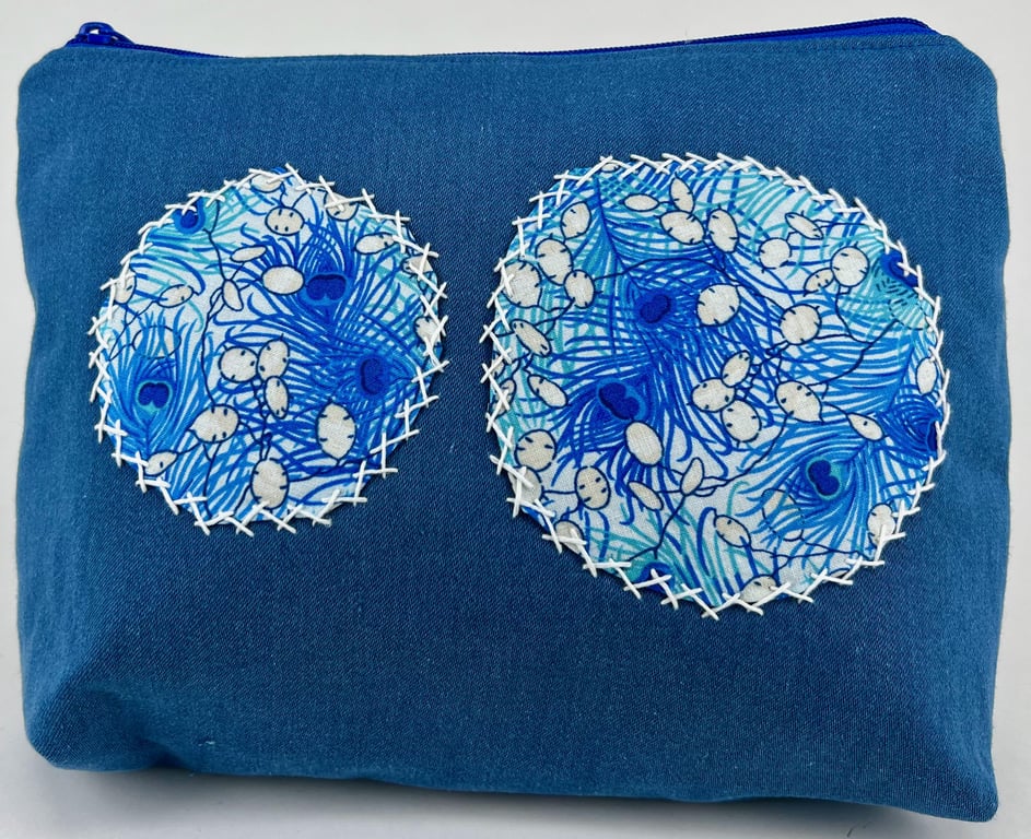 Handmade denim fully lined zip purse with applied hand sewn Sashiko inspired pat