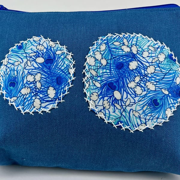 Handmade denim fully lined zip purse with applied hand sewn Sashiko inspired pat