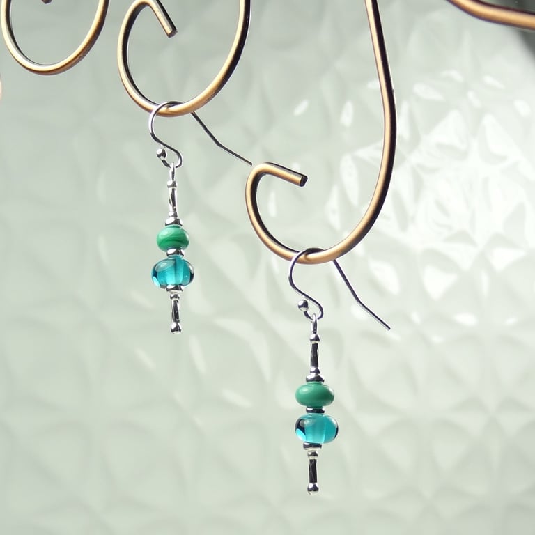 Turquoise lampwork glass drop earrings, sterling silver, handcrafted, gift box
