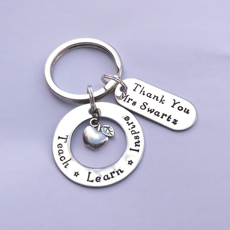 Hand stamped personalised Teach, Learn, Inspire end of term teacher present