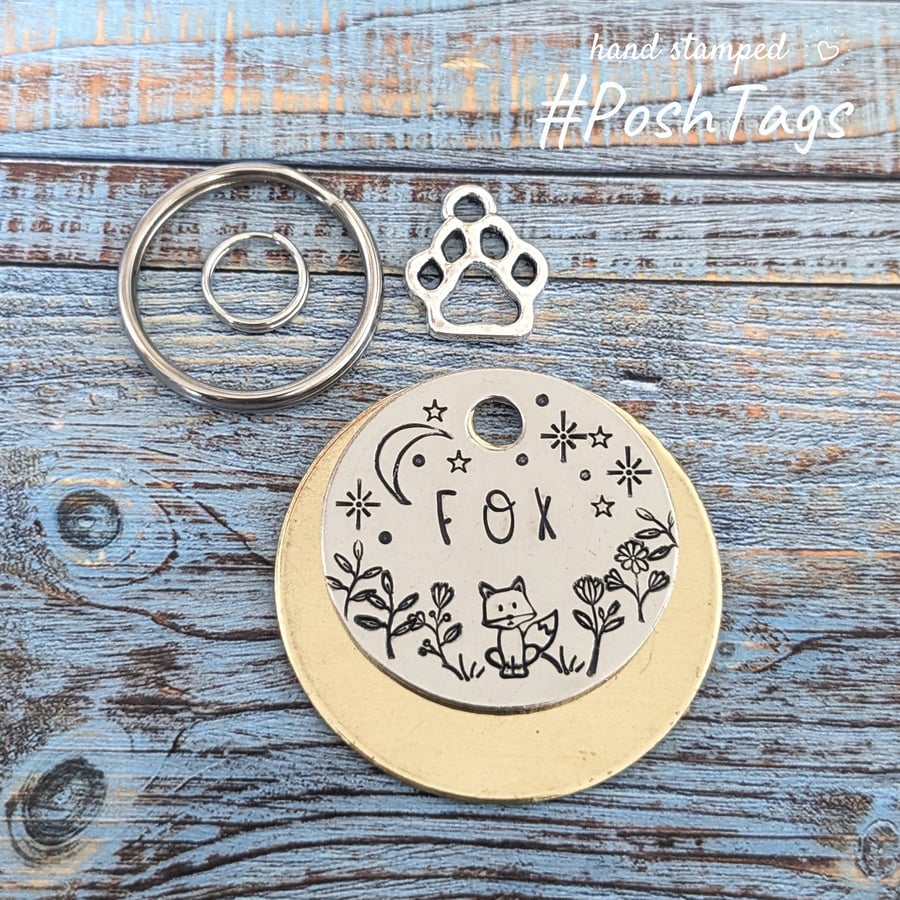 Fox (any name) cute - moon and wild flowers meadow field - choice of colours dog