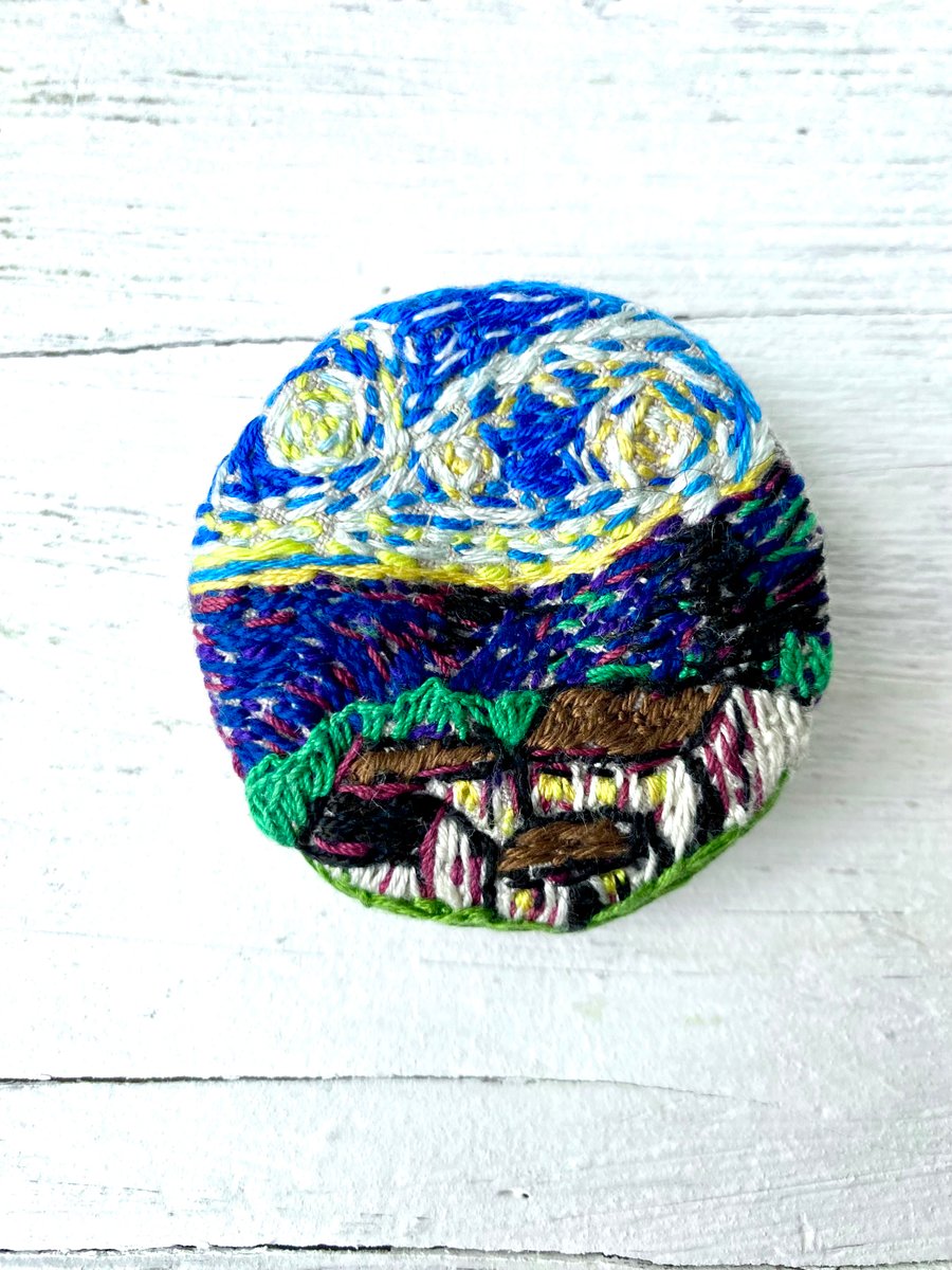 Brooch, Van Gogh inspired stitched landscape 