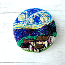 Swirling Sky - Hand embroidered brooch pin, mini Van Gogh inspired landscape 