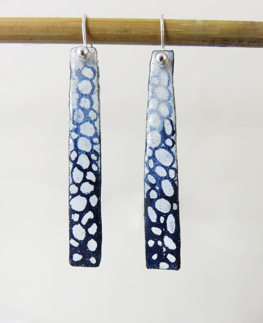 Copper Dangle Earrings with Blue and White Enamel with Hand Drawn Pebble Pattern