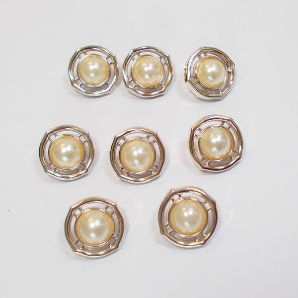 Gold faux metal and pearl fancy shank buttons 18mm approximately. Pack of 8