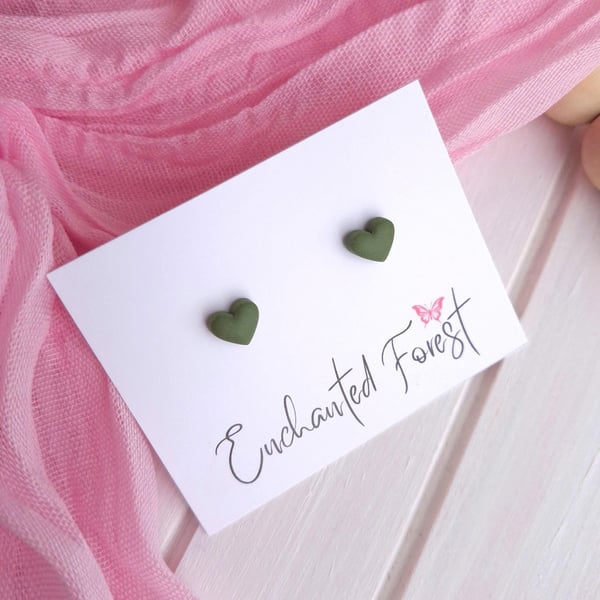 Muted Sage Green Mini Heart Stud Earrings, Minimalist Jewellery, Gifts