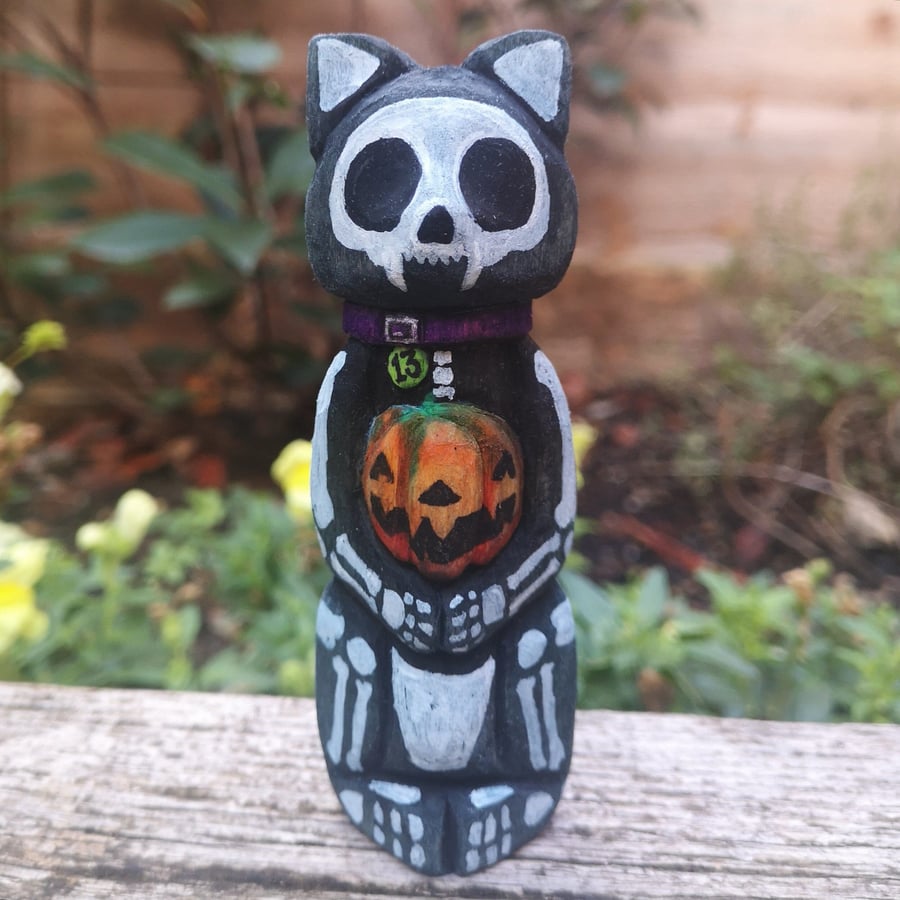 Hand carved, painted and finished Thirteen the Skeleton Cat - One of a kind gift