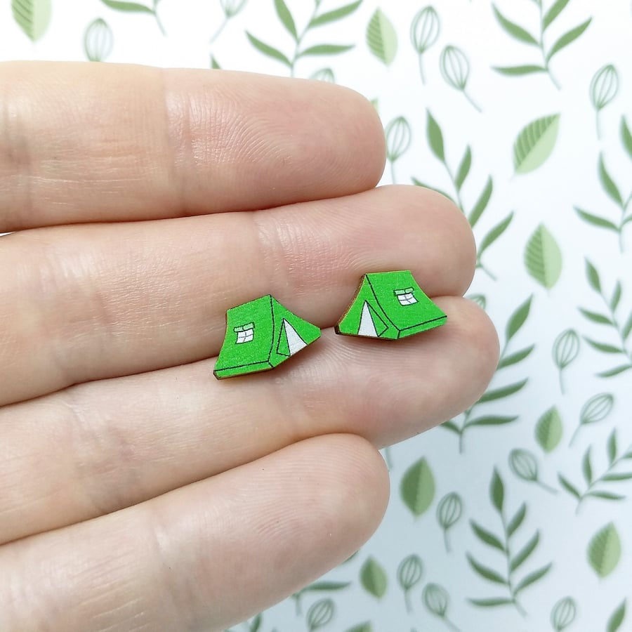 Camping Tent Earrings, Green Tent Studs, Silver Plated or Sterling Silver Backs