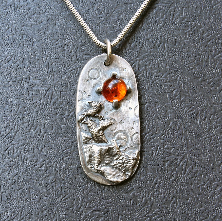 Handmade Sterling Silver Pendant Necklace - Textured Silver And Amber Pendant