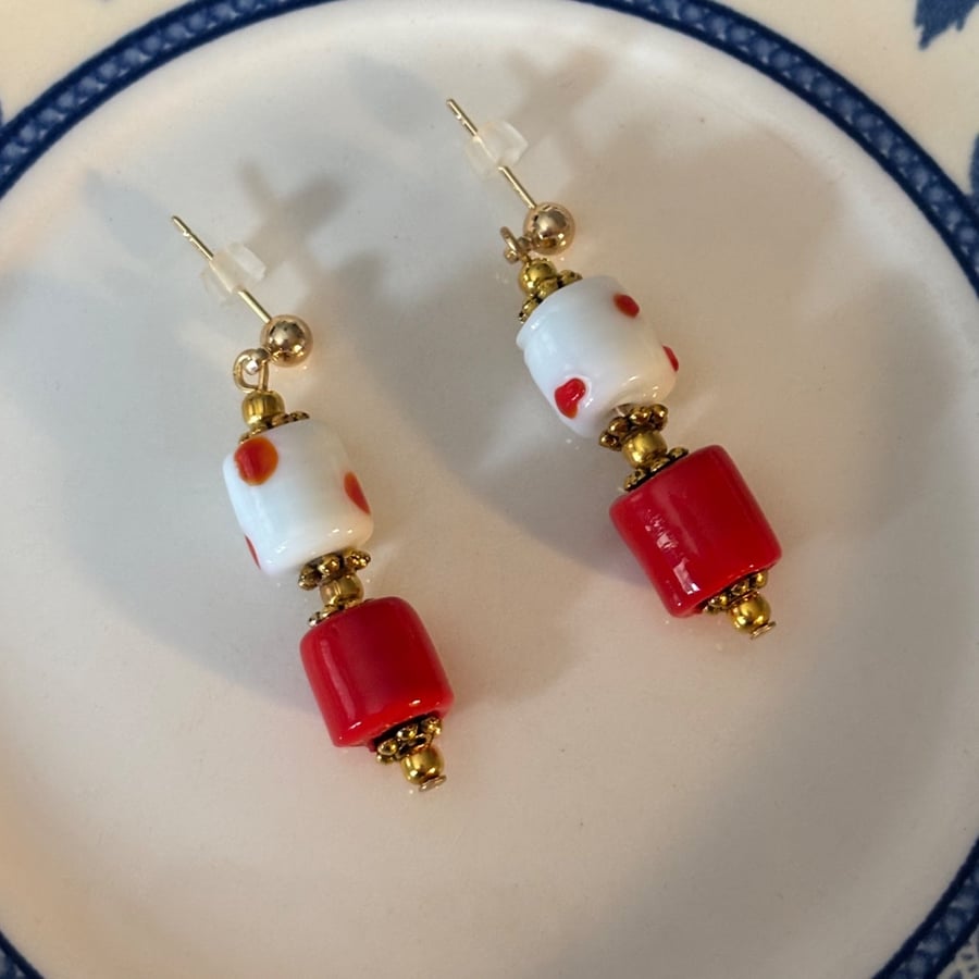Red recycled bead earrings 