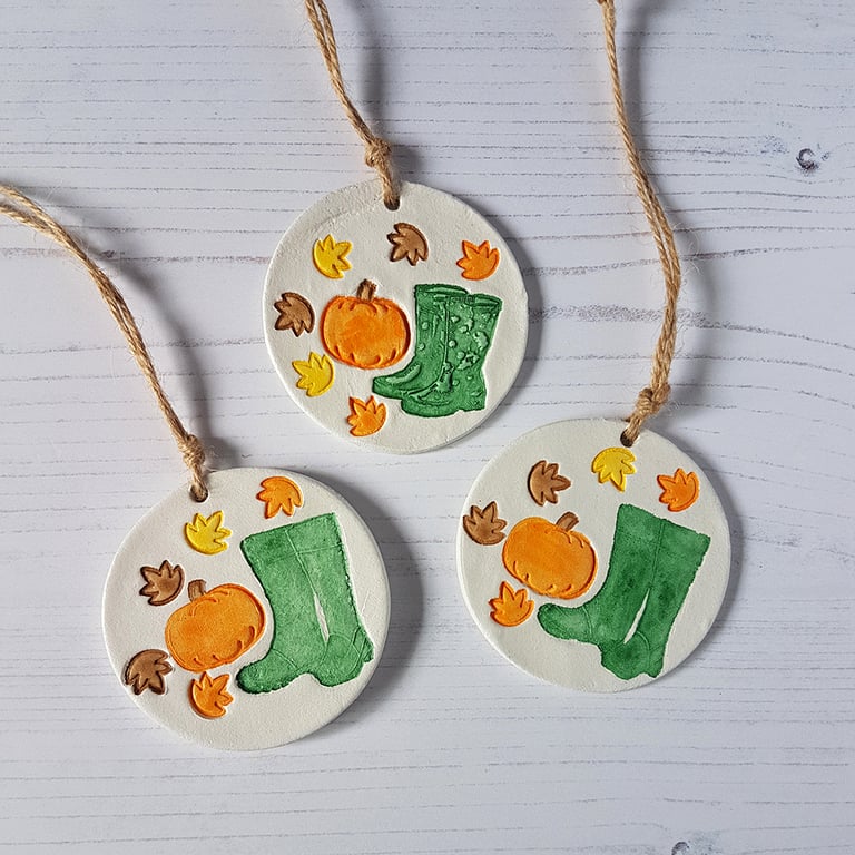 Pumpkin and wellies hanging decoration, one supplied