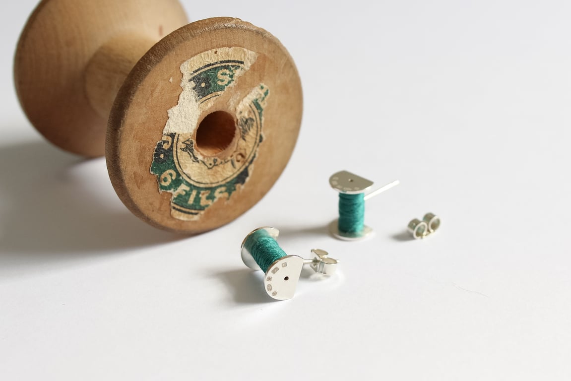 Cotton reel studs, silver earring studs, sewing earrings