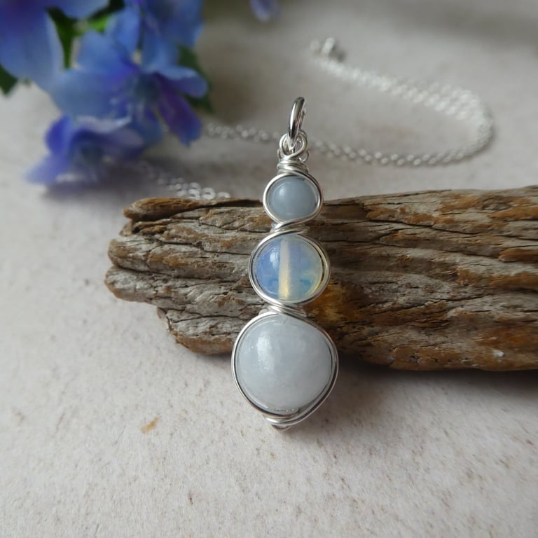 Sterling silver celestite and angelite pendant, celestial themed necklace