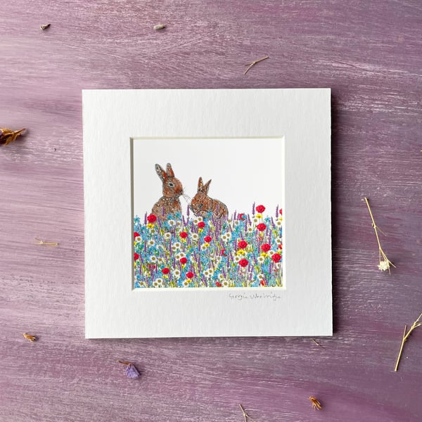 'Wildflower Bunnies' 5" x 5" Mounted Print