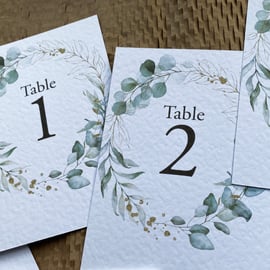 Eucalyptus foliage wreath TABLE NUMBERS golden leaves rustic wedding A6 card
